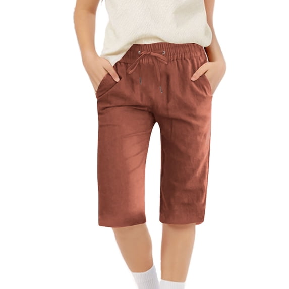 Girls Bermuda Shorts Knee Length Cotton Linen Straight Wide Leg Long Shorts Solid Drawstring Elastic Waist Short Pant