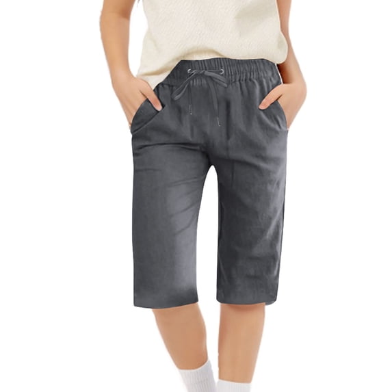 Girls Bermuda Shorts Knee Length Cotton Linen Straight Wide Leg Long Shorts Solid Drawstring Elastic Waist Short Pant