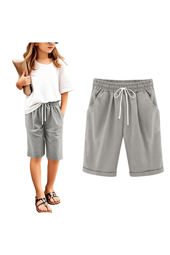 Girls Bermuda Shorts Knee Length Cute Preppy Clothes Drawstring Long Shorts Adjustable Waist Straight Leg Shorts