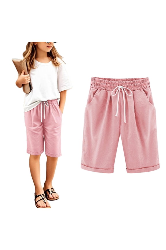 Girls Bermuda Shorts Knee Length Cute Preppy Clothes Drawstring Long Shorts Adjustable Waist Straight Leg Shorts
