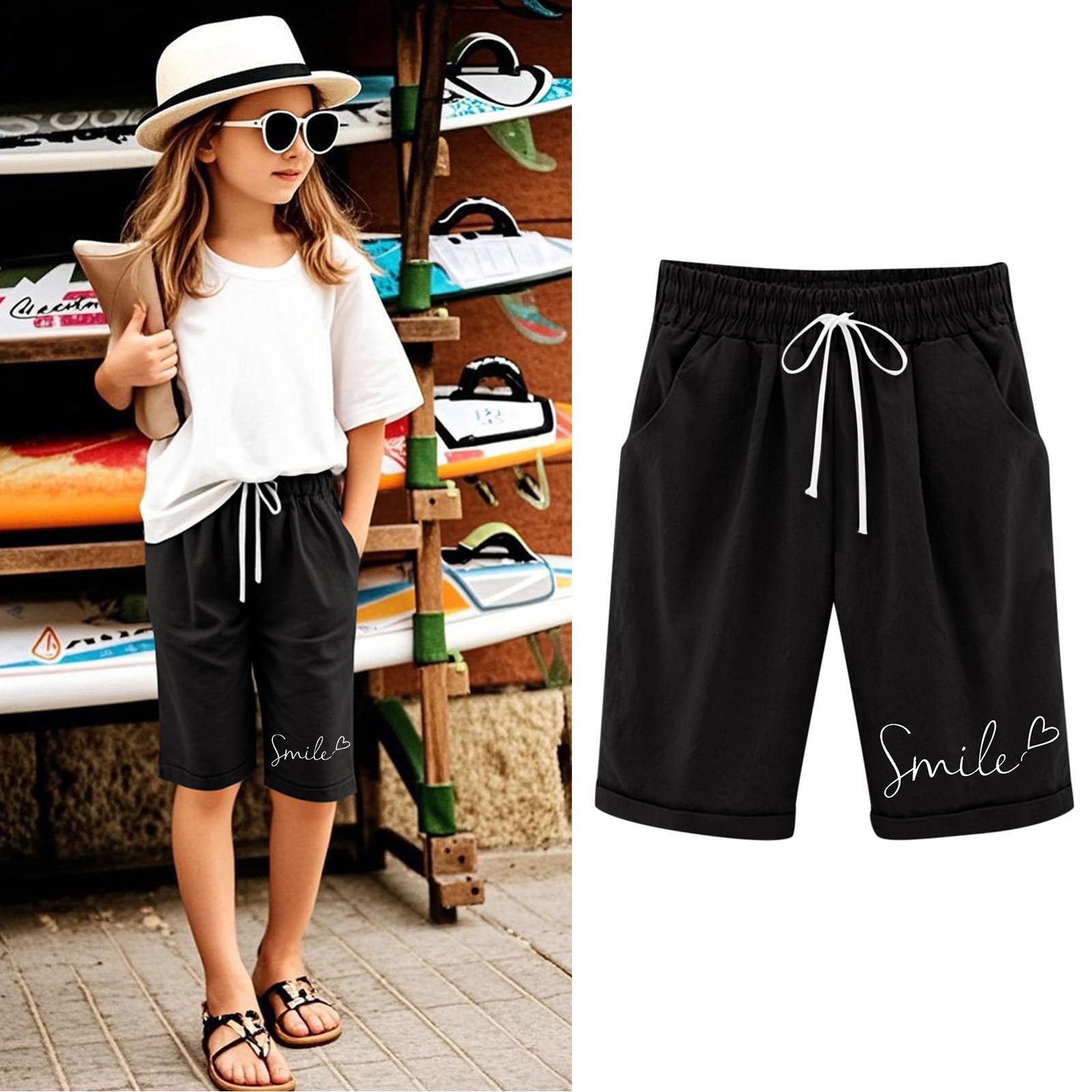 ルームウェア・パジャマ Loose T-Shirt & Butterfly Shorts - Black Walmart Girls Youth Comfy Flowy Shorts, 2-in-1 Butterfly