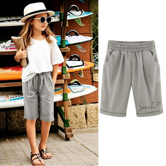 Girls Bermuda Shorts Knee Length Kids Shorts Elastic Waist Shorts Casual Letter Print Shorts Comfy Lightweight Shorts With Pockets 3-13 Years