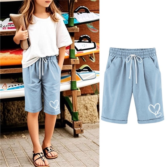 Girls Bermuda Shorts Knee Length Straight Leg Short Loose Casual Cute Printed Drawstring Elastic Waist Summer Shorts for Beach Travel Blue 12-13Y