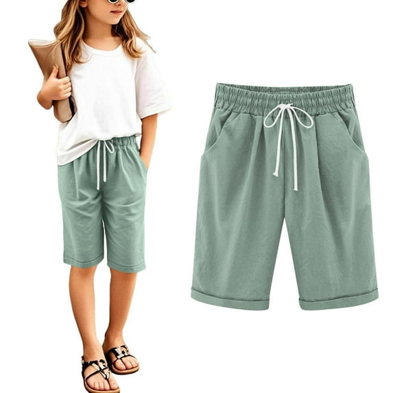 Girls Bermuda Shorts Summer Loose Fit Elastic Drawstring Waist Straight Leg Knee Length Casual Shorts Cute Preppy Clothes Gym Shorts for Girls Long Girls Bermuda Shorts 10-12