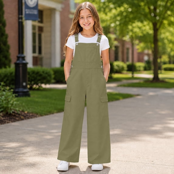 Girls Bib Overalls Adjustable Strap Jumpsuits Loose Fit Casual Y2K Rompers with Side Multi Pockets for Daily