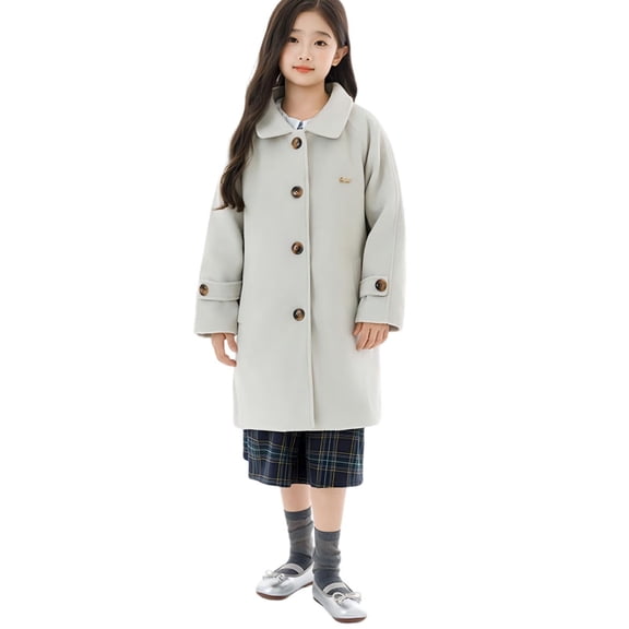 Girls' Big Kids' Wool-blend Coat 5-15Y - Lapel Single Breasted Quilted Trench Coat Mid-Length Winter Thick Casual Outerwear