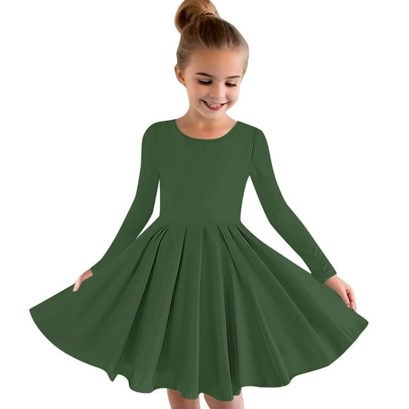 Girls' Big Sweater Dress Girls Long Sleeve Stretchy Dress A Line Skater School Recital Dress New Long Sleeve Round Neck Dress Green-1 9T