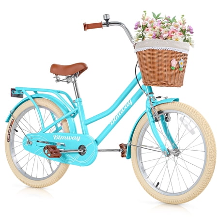 Girls Bike 20inch with Basket and Backseat, Kids Bicycle for 7-10 Years Old, Single Speed, Blue