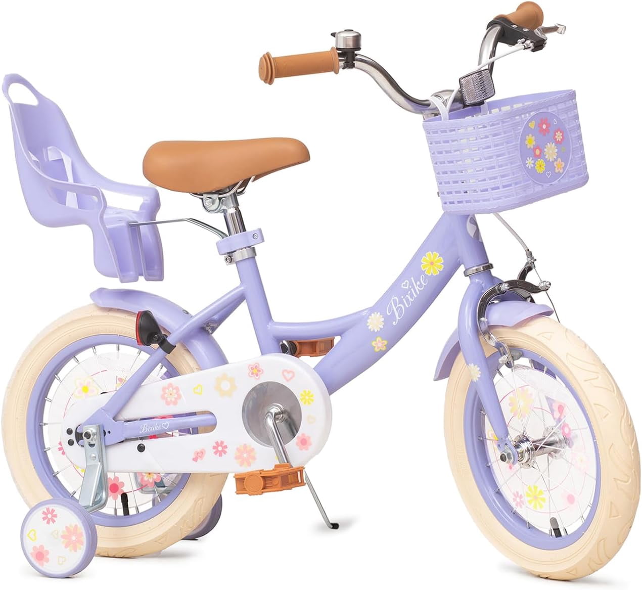 Girls Bike with Basket for Kids, 18 Inch with Training Wheels & Doll Seat, Princess Style Bicycle for Gift, Single Speed, Purple