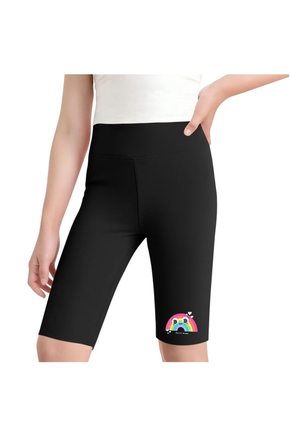 Girls Biker Short Leggings Rainbow Printed High Waist Stretch Casual Soft Sweatshorts Slim Fit Summer Shorts (6-7 Years, Black)