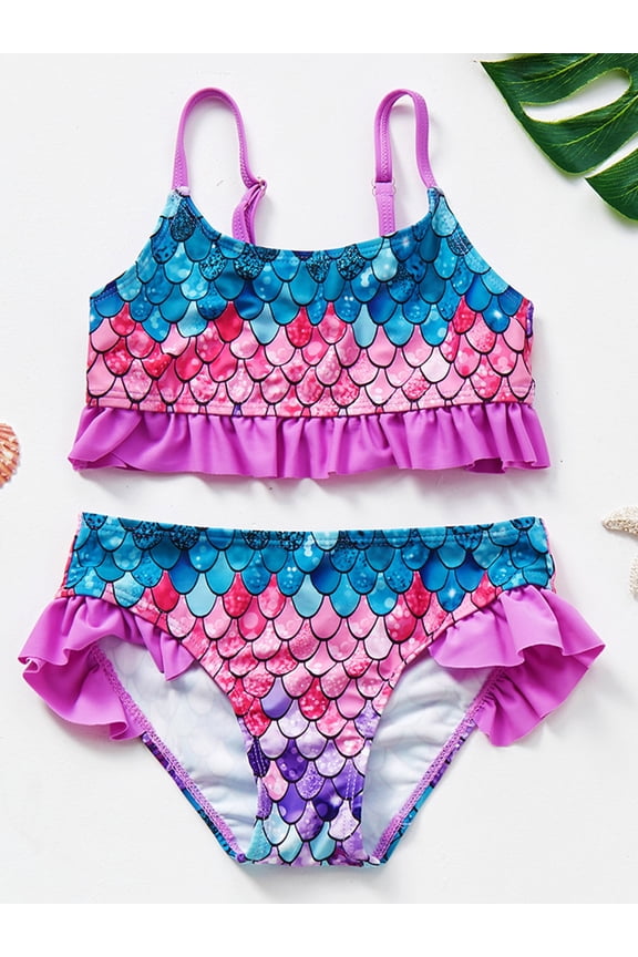 Girls Bikini 2-Piece Swimsuit Fish Scales Ruffles Crop Top with Briefs for Kids Swimwear Bathing Suits Set