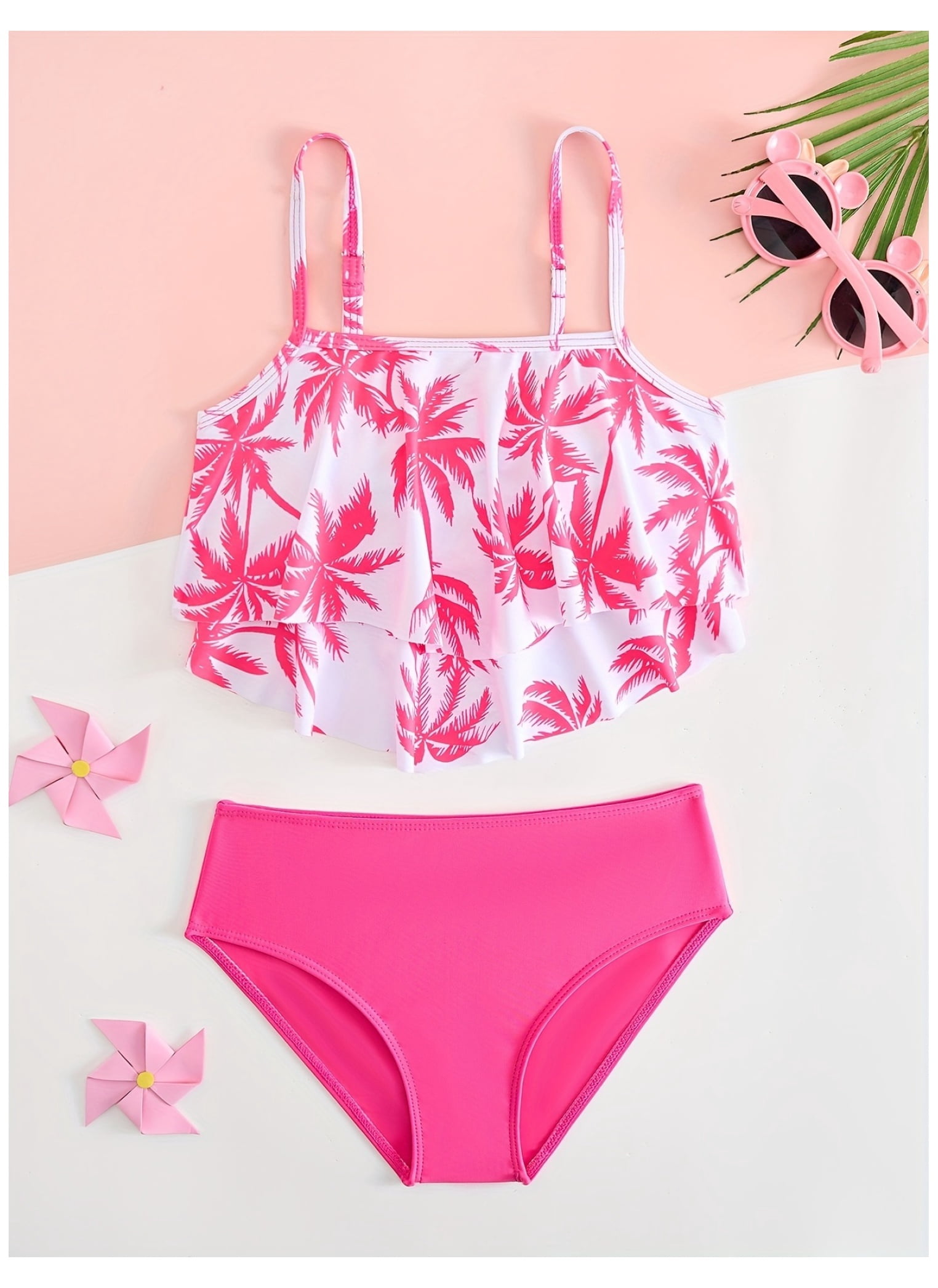 Girls' Bikini Set - Pink & White Palm Leaf Swimsuit, Ruffled Two Piece ...
