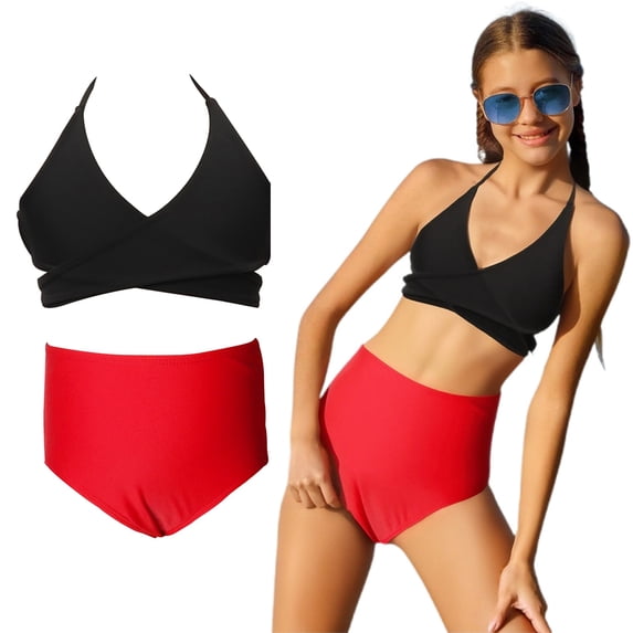 Girls Bikini Swimsuit Backless Halter Two Piece Bikini Sets with Chest Pad Bathing Suits for Girls 9-10 Years