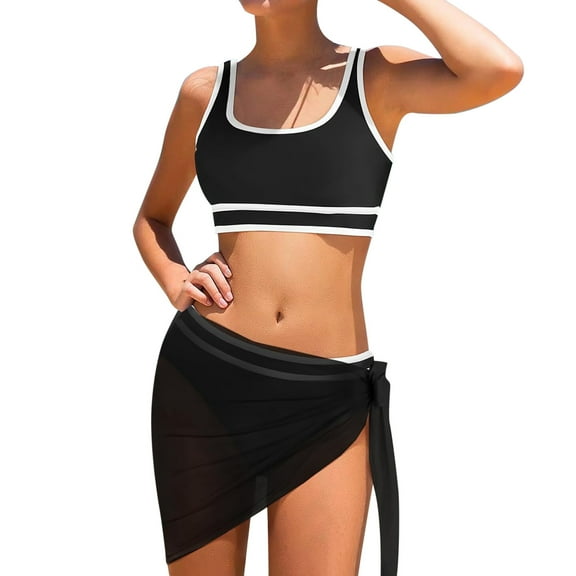Girls Bikini Swimsuit Double Strap High Waist Tummy Control Sporty Bikini Swimsuits Swim Cover Up Skirt 3 Piece Solid Black High Cut Bathing Suit Set for Teen 7-14 Years