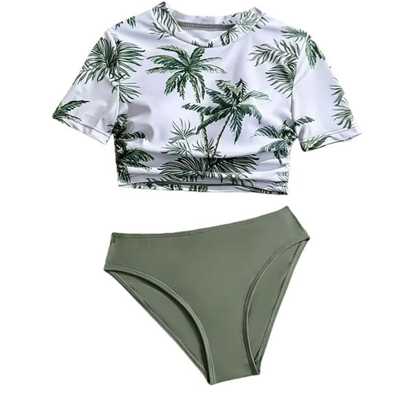 Girls Bikini Swimsuit Summer Coconut Tree Print Two Piece for Big Kids and Teens Fashionable Swimwear Comfort Fit Army Green 9 Years-10 Years