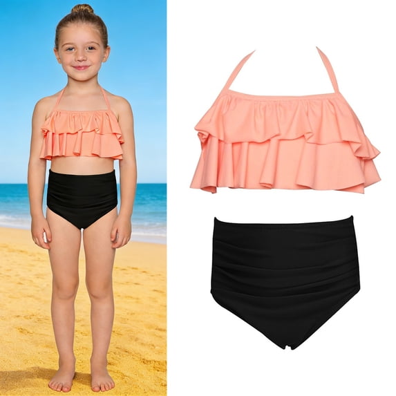 Girls Bikini Two-Piece Swimsuits Backless Halter Girl Bathing Suit with Chest Pad Girls Swim Suit 9-10 Years