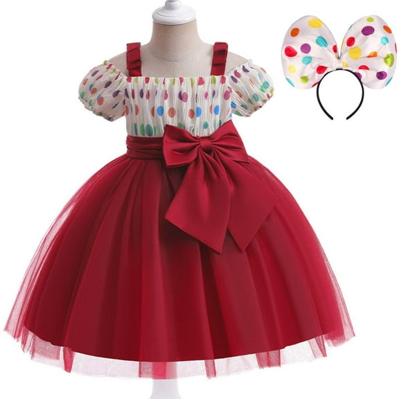 Girls Birthday Christmas Princess Dress Polka Dots Off-Shoulder Dress with Mouse Ears Headband