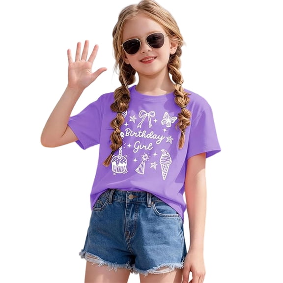 Girls Birthday Girl Printed T-Shirt, Kids Crew Neck Short Sleeve Casual Tee, Purple Birthday Party Shirt with Cute Cake Bow Prints for Daily Outdoor Wear(Purple,3-4 Years)