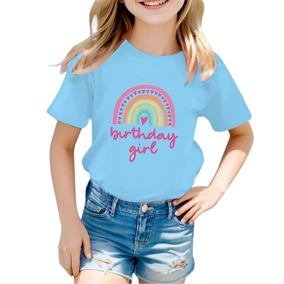 Girls Birthday Girl Rainbow Print T-Shirt, Short Sleeve Crew Neck Casual Tee for Kids, Cute Birthday Party Top for Daily Wear(Blue,13-14 Years)
