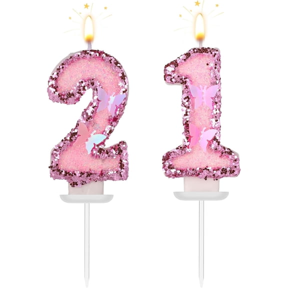 Girls Birthday Number 21 Candles, 2.95in Glitter Butterfly Happy Birthday Cake Toppers Pink Sequins Wedding Numeral Cupcake Decorations for Anniversary Celebration Party Supplies (21th)