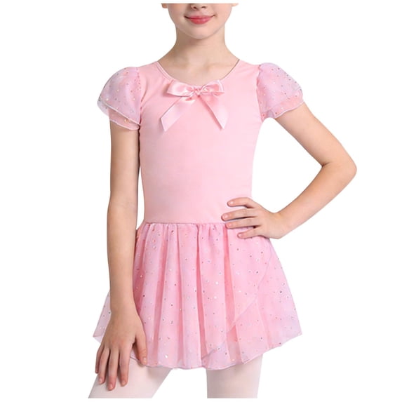 Girls Birthday Party Dress Sparkly Tulle with Bow Puff Sleeve Ballet Tutu for Dance Recital Pink Polyester 3-12 Years,Size 9-10 T