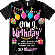 Girls' Birthday Party TShirt OMG It's My Sister's Birthday Fun Cartoon Design with Balloons Streamers and Gifts Personalized for Arya Cute Typography Graphic Black Tee for Kids