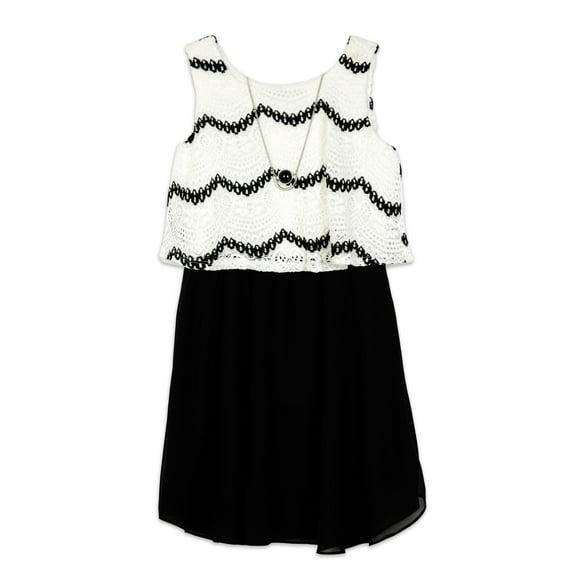 Girls Black And White Striped Lace Sleeveless Dress w/ Matching Necklace 10