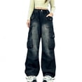 thumbnail image 1 of Girls Black Cargo Pants Wide Leg Baggy Denim Jeans with Pockets Elastic Waist Y2K Casual Streetwear Trousers for Kids Ages 5-14 Years,Size 10-11T, 1 of 9