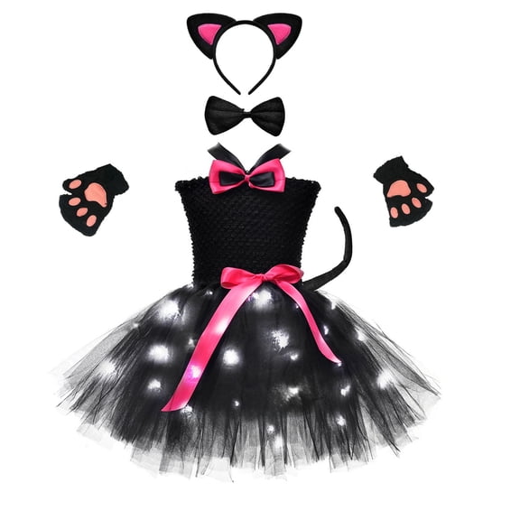 Girls Black Cat Costume with LED Light Up Tutu Dress, 5 Pcs Kitty Princess Outfit,Ears,Tails and Paw Gloves