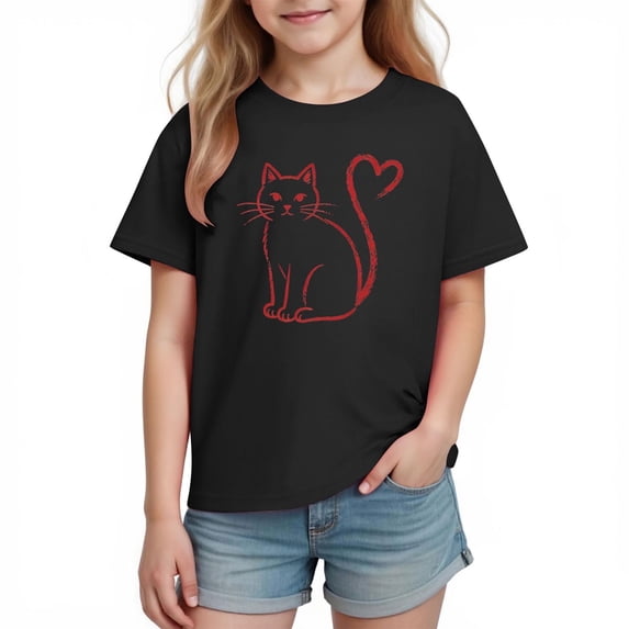 Girls Black Cat with Heart Tail Graphic T-Shirt 100% Cotton Short Sleeve Valentine's Day Tee for Kids,Size 4-5T