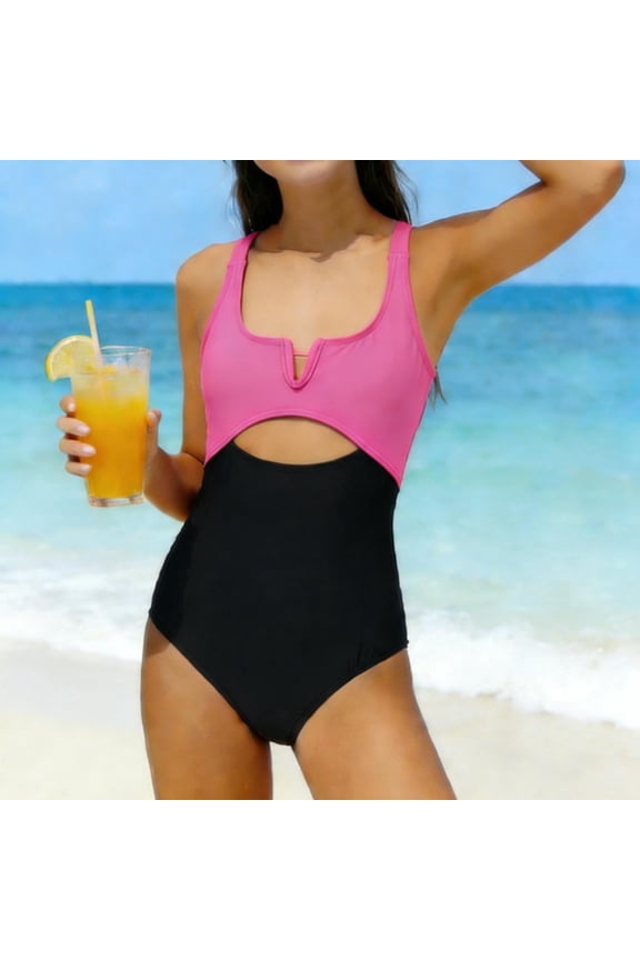 Girls Black Colorblock One Piece Swimsuit Cut Out V-Neck Racerback High Waisted Tummy Control UPF 50+ Chlorine Resistant Quick Dry,Size 8-9T