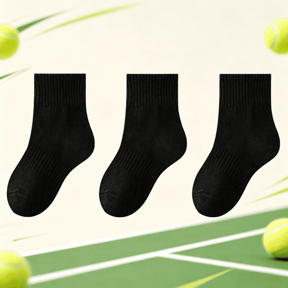 Girls' Black Cotton Crew Socks 3-Pack - Breathable Solid Color School Uniform Socks,Size 6 T
