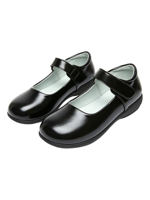 Girls Black Dress Shoes, Lightweight Ballet Cap Toe Flat School Shoes for Elementary Students, Hook and Loop Uniform Flats for Everyday School Wear