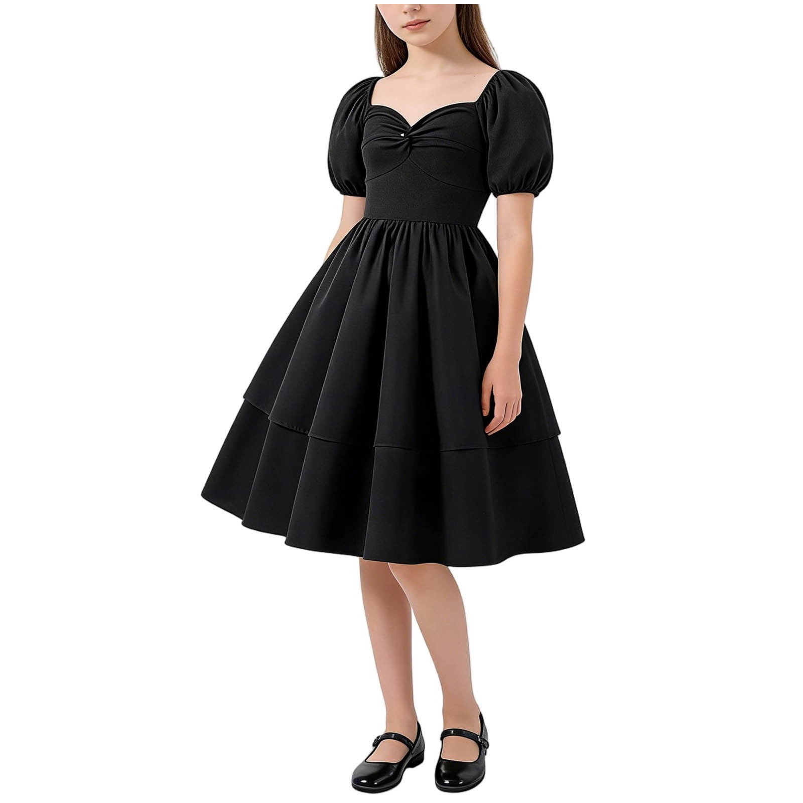 Placlothes Girls Black Dress Vintage 1950s Retro Puff Sleeve Sweetheart Neckline Midi Party Church Holiday Dress for Age 8-13 Years,Size 11-12 T