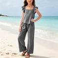 thumbnail image 1 of Girls Black Gingham 2 Piece Set: Ruffle Cap Sleeve Top & High Waisted Wide Leg Pants - Lightweight Polycotton Summer Outfit,Size 9-10 T, 1 of 8