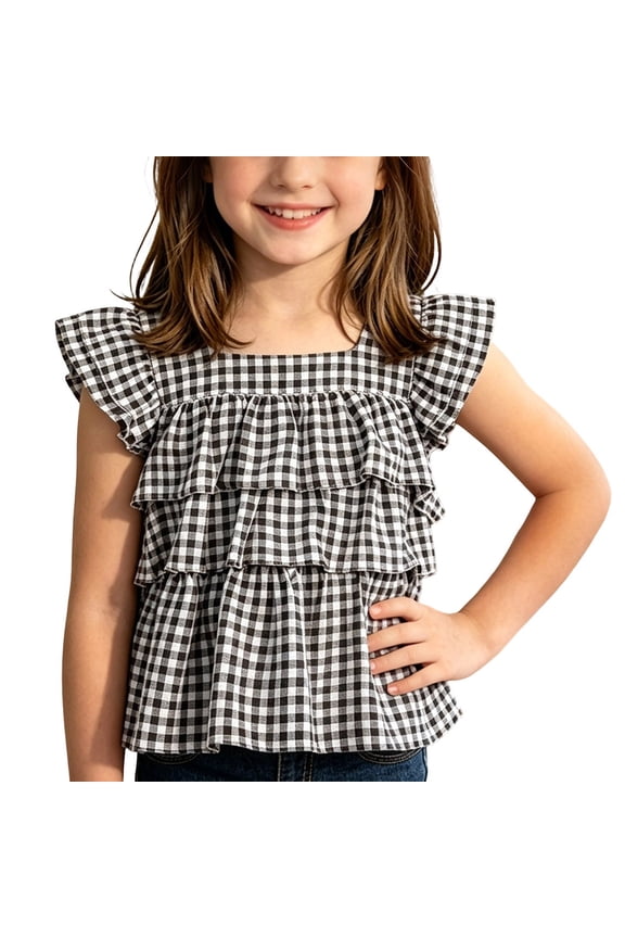 Girls Black Gingham Ruffle Sleeveless Blouse Square Neck Tie Back Cotton Polyester Blend Top,Size 5 T