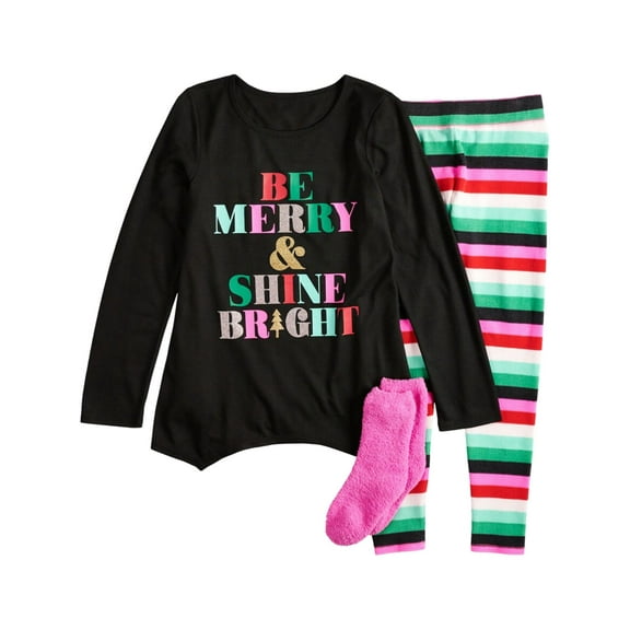 Girls Black Glitter Be Merry Shine Bright Pajamas Holiday Sleep Set XS 5/6