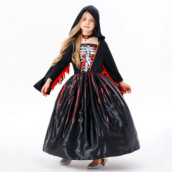 Girls Black Hooded Robe Costume with Necklace Halloween Witch Dress Up