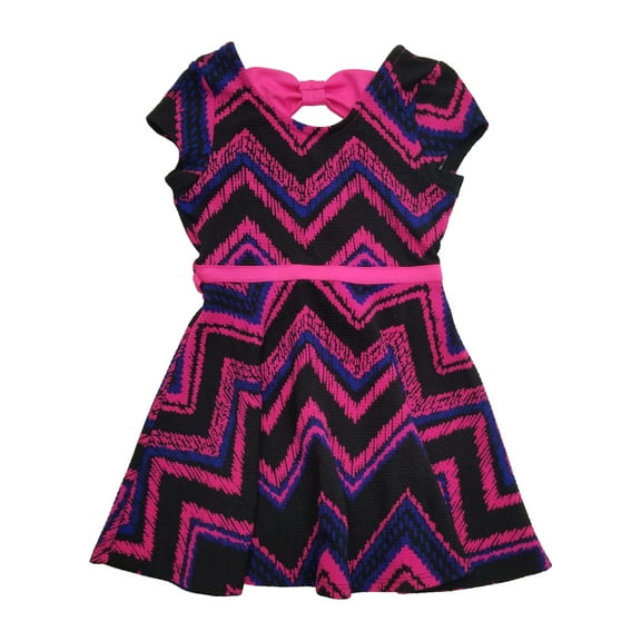 Girls Black Hot Pink & Blue Chevron Patterned Short Sleeve Dress 4