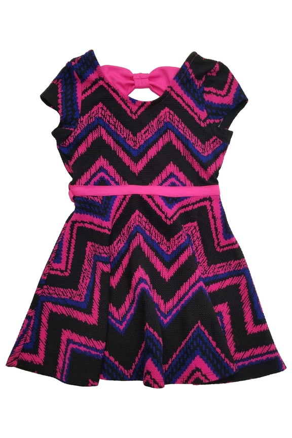 Girls Black Hot Pink & Blue Chevron Patterned Short Sleeve Dress 4