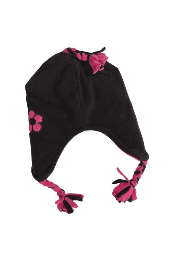 Girls Black & Hot Pink Fleece Flower Trapper Hat