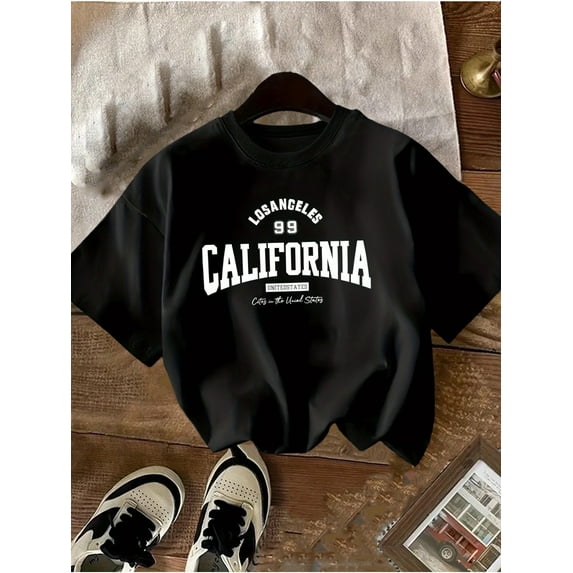 Girls' Black Los Angeles California Graphic T-Shirt - 100% Cotton Casual Short Sleeve Round Neck Tee with Bold Letter Print, Regular Fit Summer Top for Teens & Youth