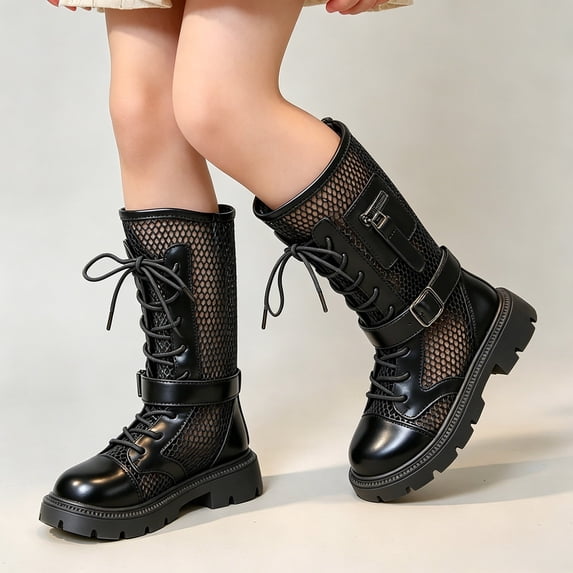 Girls Black Mesh Combat Boots Platform Lace Up Zipper Mid-Calf Lightweight Breathable,Size 30