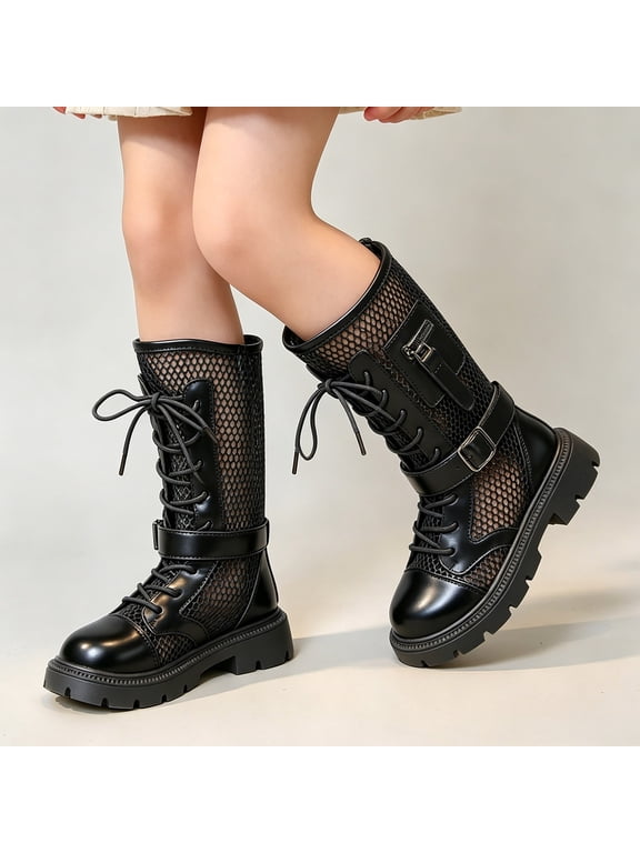 Girls Black Mesh Combat Boots Platform Lace Up Zipper Mid-Calf Lightweight Breathable,Size 35