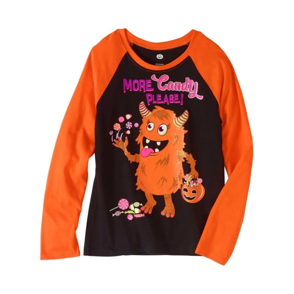 Girls Black & Orange Glitter More Candy Please Halloween T-Shirt Monster Tee S