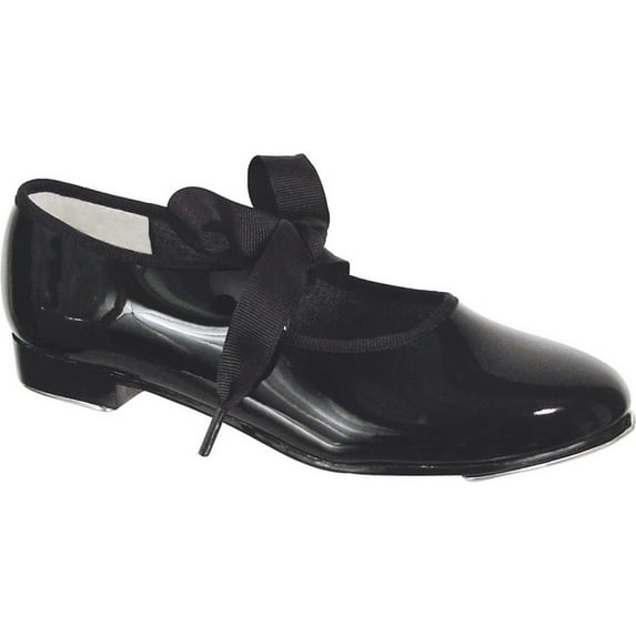 Girls Black Patent Flexible Ribbon Tie Wide Width Tap Shoes 12.5-4 Kids