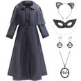 thumbnail image 1 of Girls Black Plaid Long Coat Costume w/Accessories Halloween Gothic College Style Cosplay Dress up for 12-13Y, 1 of 8