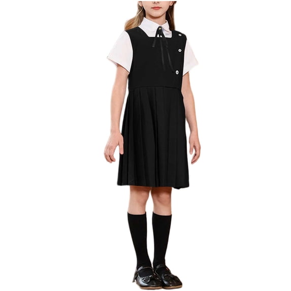 Girls Black Preppy Jumper Dress Set 2-Piece with Shirt & Tie for School, Sizes 3-4 to 14-15 Years,Size 11-12 T