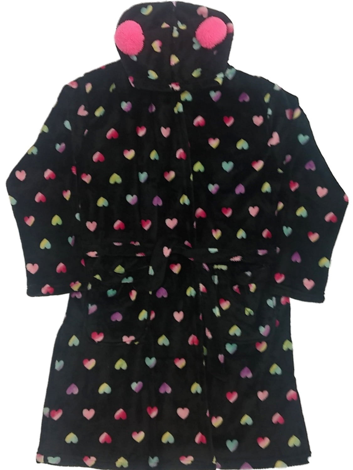 Girls Black Rainbow Polka Dot Heart Hoodie Bathrobe Plush Robe House