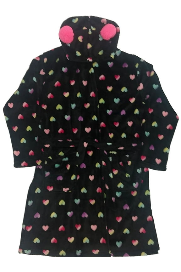 Girls Black Rainbow Polka Dot Heart Hoodie Bathrobe Plush Robe House Coat XXLP